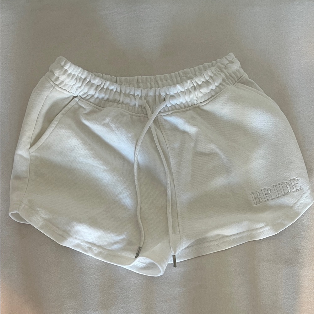 Women's White Athletic Shorts with 'BRIDE' Embroidery